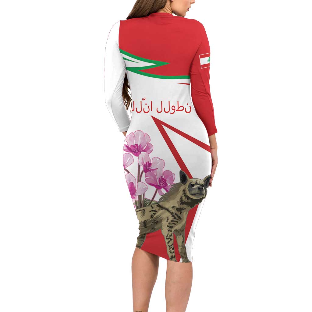 Lebanon Striped Hyena Long Sleeve Bodycon Dress With Cyclamen Flowers - Wonder Print Shop