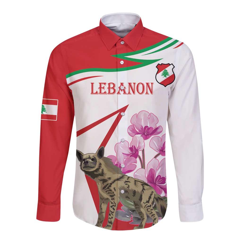Lebanon Striped Hyena Long Sleeve Button Shirt With Cyclamen Flowers - Wonder Print Shop