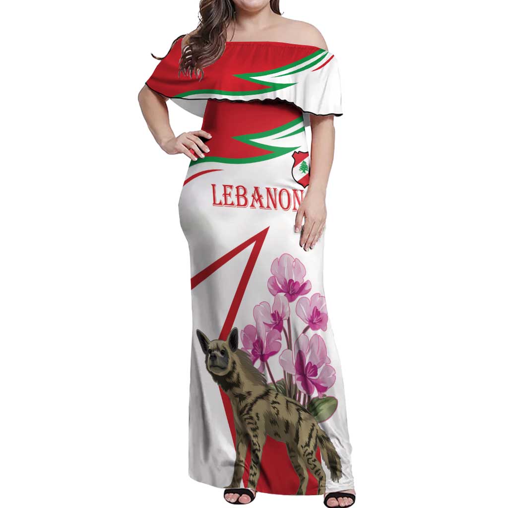 Lebanon Striped Hyena Off Shoulder Maxi Dress With Cyclamen Flowers - Wonder Print Shop