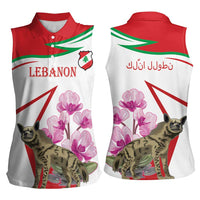 Lebanon Striped Hyena Women Sleeveless Polo Shirt With Cyclamen Flowers - Wonder Print Shop