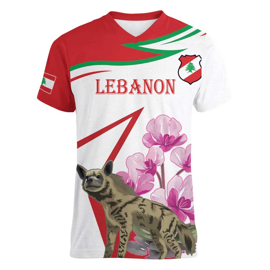 Lebanon Striped Hyena Women V-Neck T-Shirt With Cyclamen Flowers - Wonder Print Shop