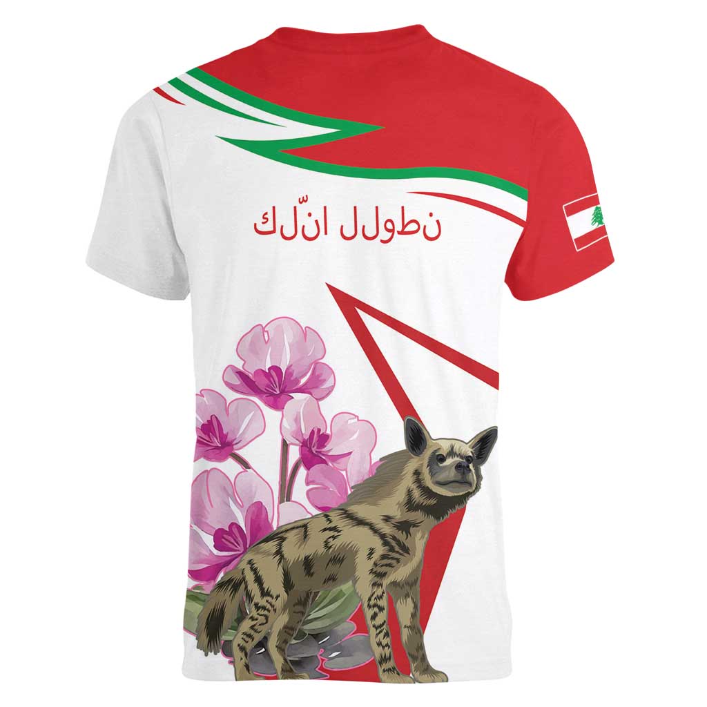 Lebanon Striped Hyena Women V-Neck T-Shirt With Cyclamen Flowers - Wonder Print Shop