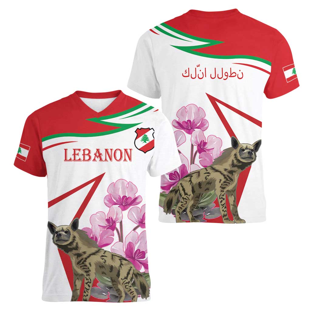Lebanon Striped Hyena Women V-Neck T-Shirt With Cyclamen Flowers - Wonder Print Shop