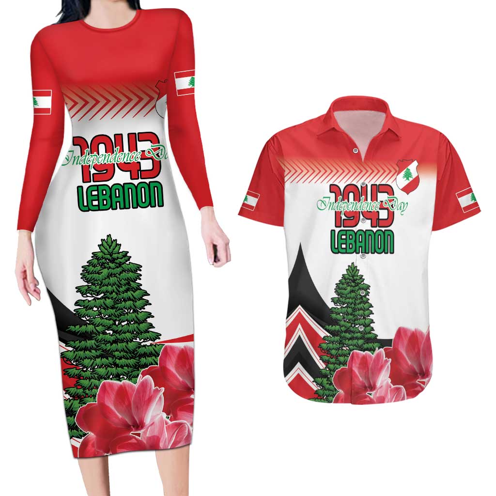 Custom Lebanon Independence Day Couples Matching Long Sleeve Bodycon Dress and Hawaiian Shirt Cyclamen Flowers Blooming - Wonder Print Shop