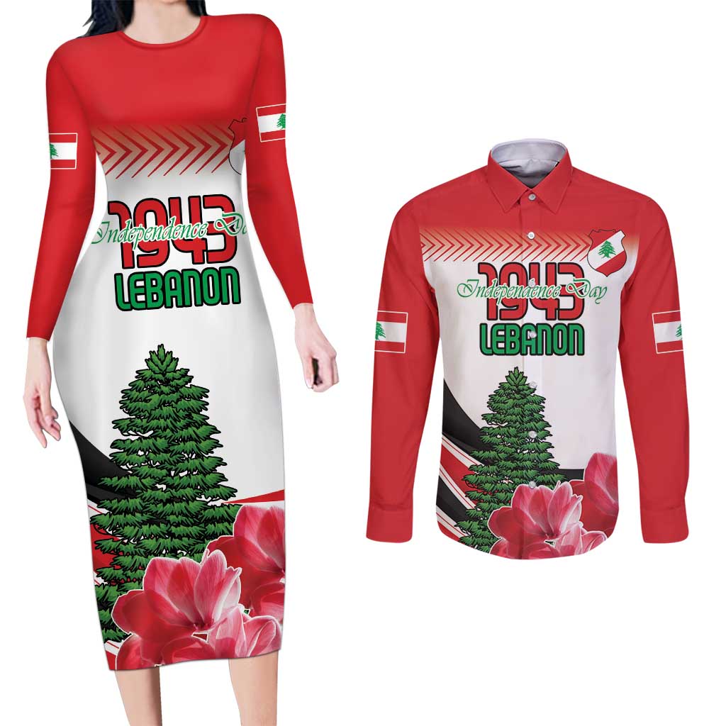 Custom Lebanon Independence Day Couples Matching Long Sleeve Bodycon Dress and Long Sleeve Button Shirt Cyclamen Flowers Blooming - Wonder Print Shop