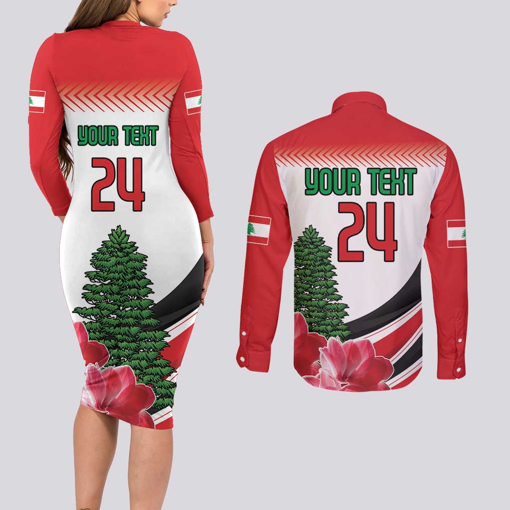 Custom Lebanon Independence Day Couples Matching Long Sleeve Bodycon Dress and Long Sleeve Button Shirt Cyclamen Flowers Blooming - Wonder Print Shop