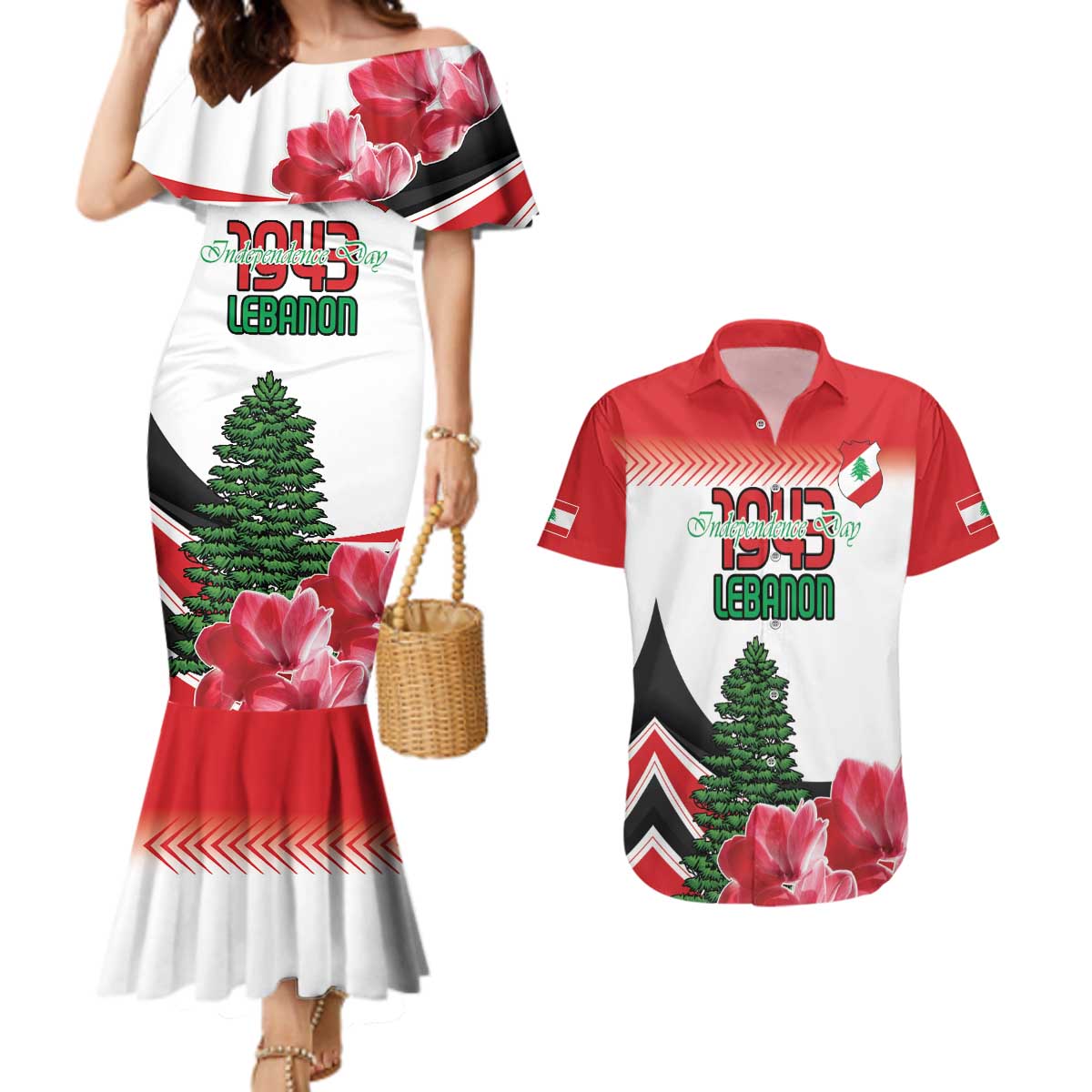 Custom Lebanon Independence Day Couples Matching Mermaid Dress and Hawaiian Shirt Cyclamen Flowers Blooming - Wonder Print Shop