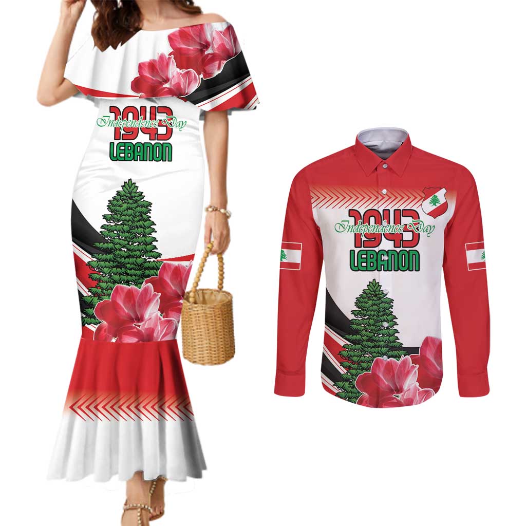 Custom Lebanon Independence Day Couples Matching Mermaid Dress and Long Sleeve Button Shirt Cyclamen Flowers Blooming