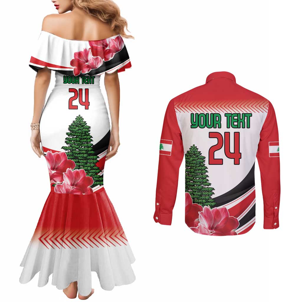 Custom Lebanon Independence Day Couples Matching Mermaid Dress and Long Sleeve Button Shirt Cyclamen Flowers Blooming
