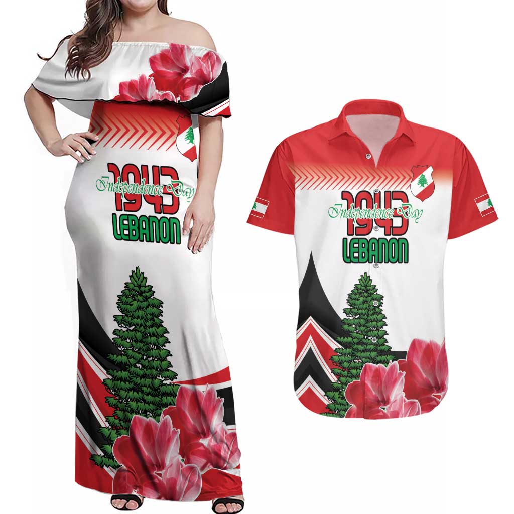 Custom Lebanon Independence Day Couples Matching Off Shoulder Maxi Dress and Hawaiian Shirt Cyclamen Flowers Blooming - Wonder Print Shop