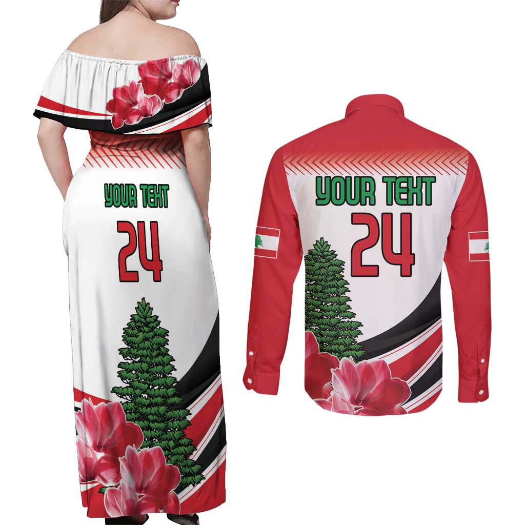 Custom Lebanon Independence Day Couples Matching Off Shoulder Maxi Dress and Long Sleeve Button Shirt Cyclamen Flowers Blooming - Wonder Print Shop