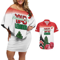 Custom Lebanon Independence Day Couples Matching Off Shoulder Short Dress and Hawaiian Shirt Cyclamen Flowers Blooming - Wonder Print Shop