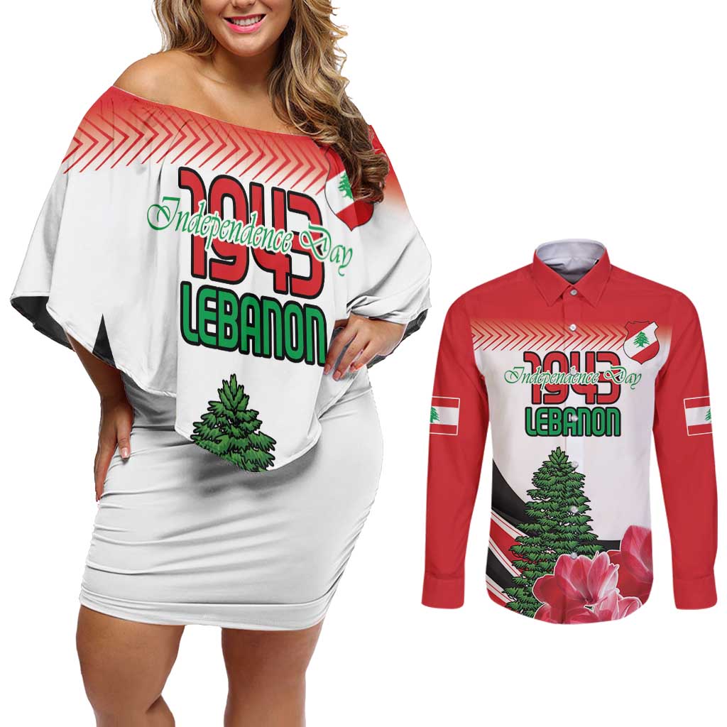 Custom Lebanon Independence Day Couples Matching Off Shoulder Short Dress and Long Sleeve Button Shirt Cyclamen Flowers Blooming - Wonder Print Shop