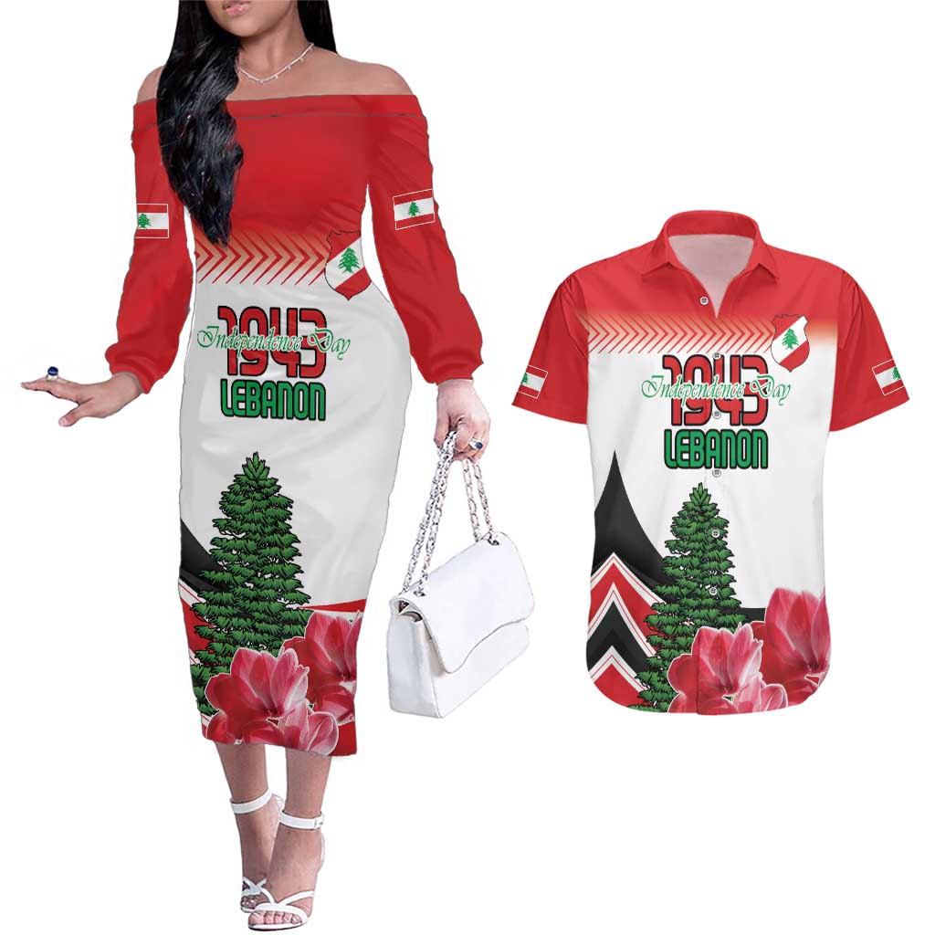 Custom Lebanon Independence Day Couples Matching Off The Shoulder Long Sleeve Dress and Hawaiian Shirt Cyclamen Flowers Blooming - Wonder Print Shop