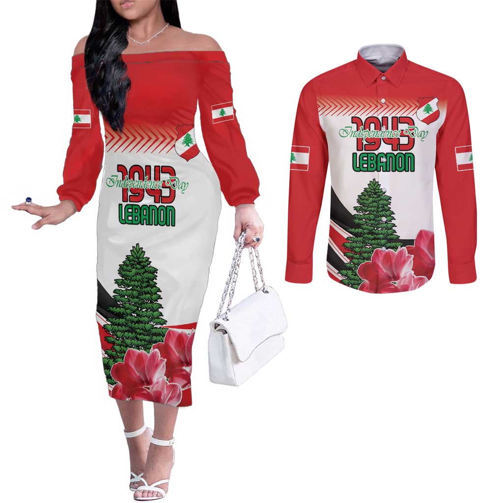 Custom Lebanon Independence Day Couples Matching Off The Shoulder Long Sleeve Dress and Long Sleeve Button Shirt Cyclamen Flowers Blooming