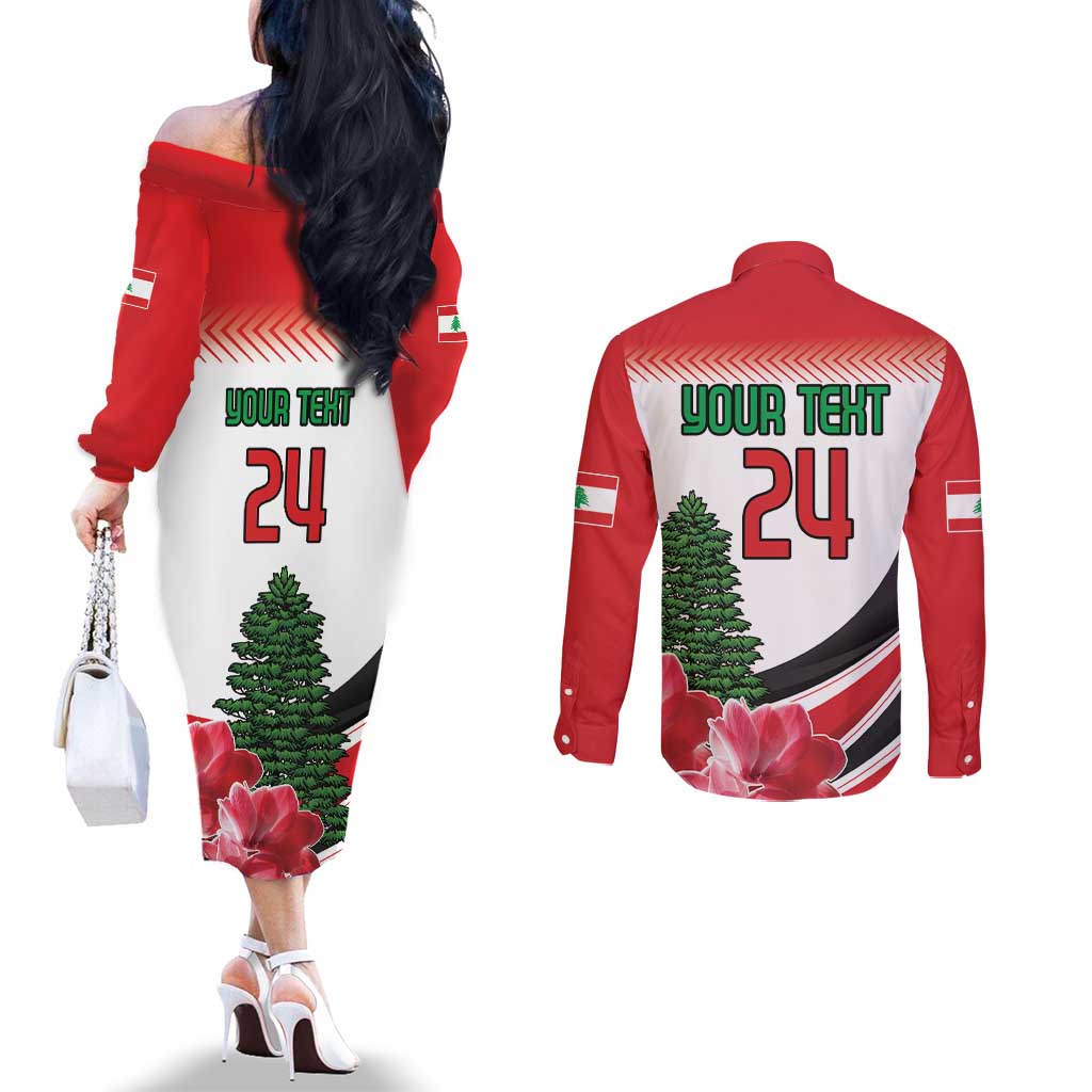 Custom Lebanon Independence Day Couples Matching Off The Shoulder Long Sleeve Dress and Long Sleeve Button Shirt Cyclamen Flowers Blooming