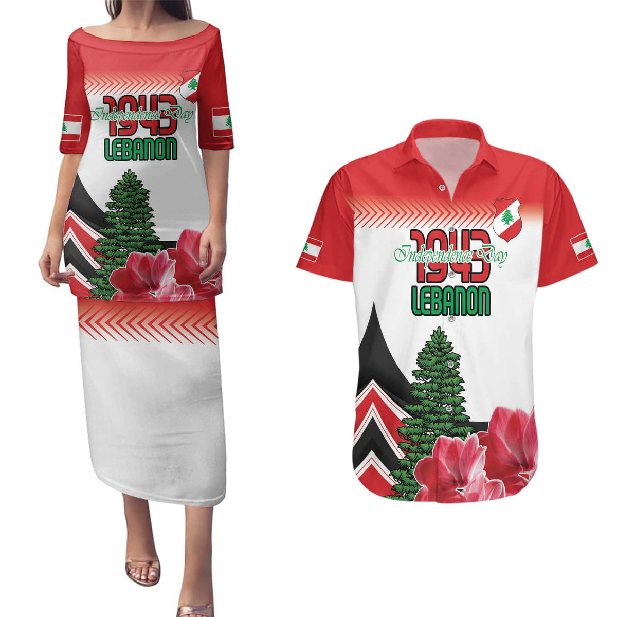 Custom Lebanon Independence Day Couples Matching Puletasi and Hawaiian Shirt Cyclamen Flowers Blooming - Wonder Print Shop
