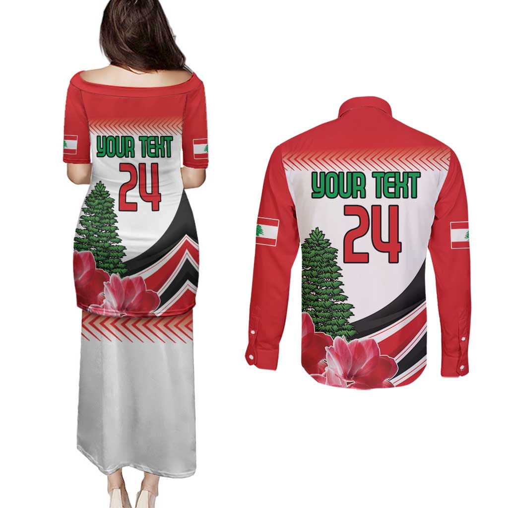 Custom Lebanon Independence Day Couples Matching Puletasi and Long Sleeve Button Shirt Cyclamen Flowers Blooming - Wonder Print Shop