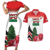 Custom Lebanon Independence Day Couples Matching Short Sleeve Bodycon Dress and Hawaiian Shirt Cyclamen Flowers Blooming - Wonder Print Shop