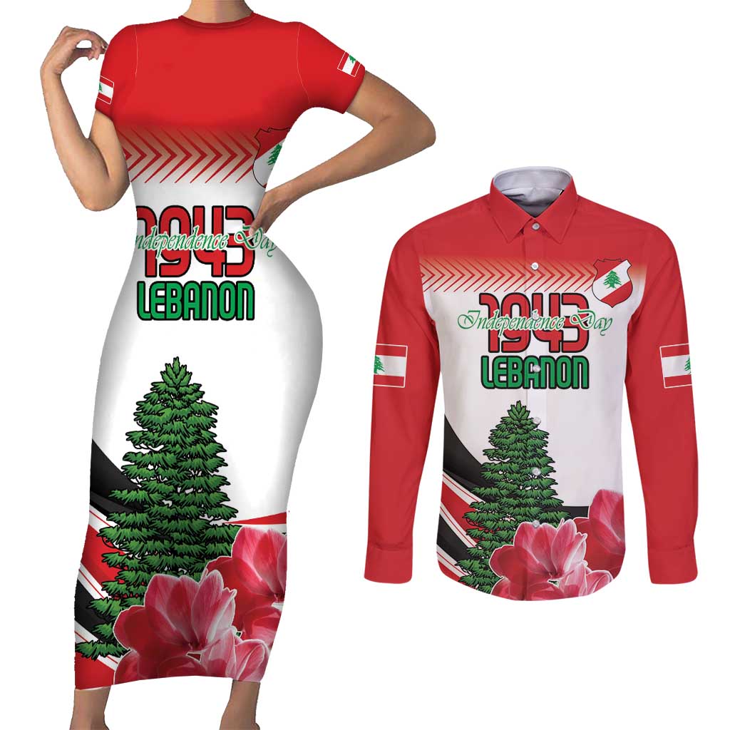 Custom Lebanon Independence Day Couples Matching Short Sleeve Bodycon Dress and Long Sleeve Button Shirt Cyclamen Flowers Blooming - Wonder Print Shop
