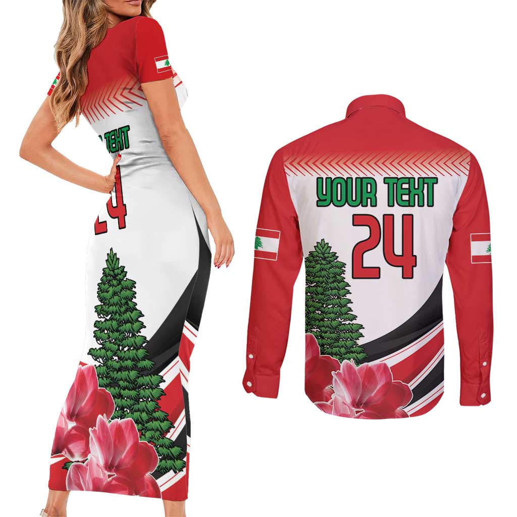 Custom Lebanon Independence Day Couples Matching Short Sleeve Bodycon Dress and Long Sleeve Button Shirt Cyclamen Flowers Blooming - Wonder Print Shop