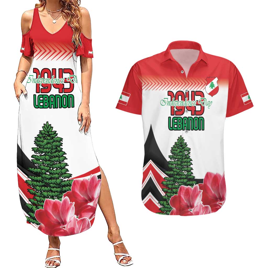 Custom Lebanon Independence Day Couples Matching Summer Maxi Dress and Hawaiian Shirt Cyclamen Flowers Blooming - Wonder Print Shop