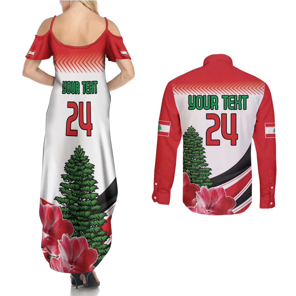 Custom Lebanon Independence Day Couples Matching Summer Maxi Dress and Long Sleeve Button Shirt Cyclamen Flowers Blooming - Wonder Print Shop