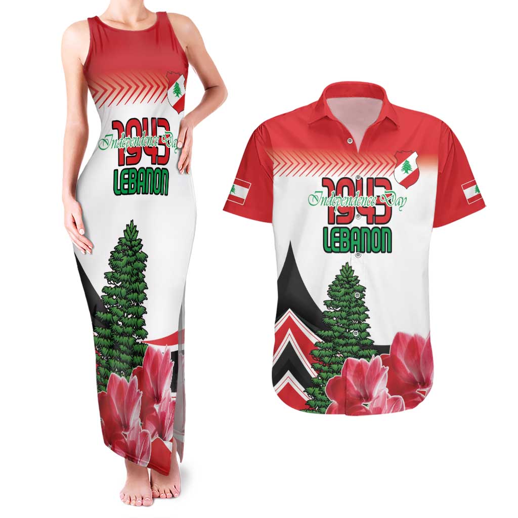 Custom Lebanon Independence Day Couples Matching Tank Maxi Dress and Hawaiian Shirt Cyclamen Flowers Blooming - Wonder Print Shop