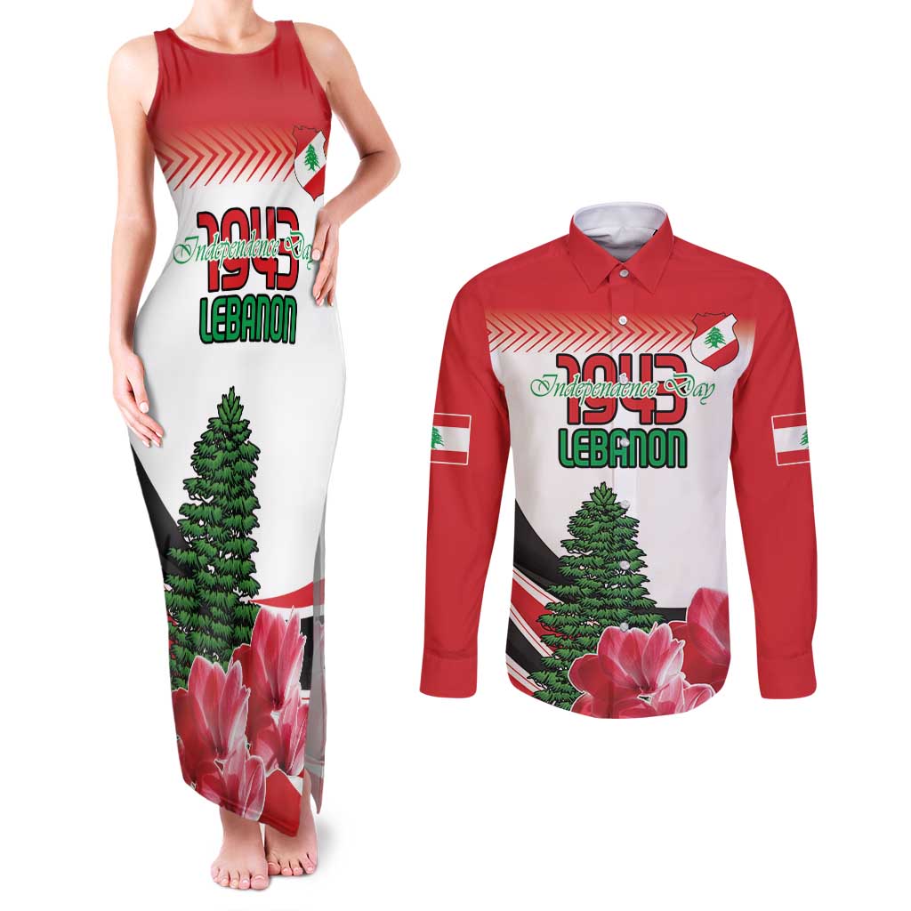 Custom Lebanon Independence Day Couples Matching Tank Maxi Dress and Long Sleeve Button Shirt Cyclamen Flowers Blooming - Wonder Print Shop