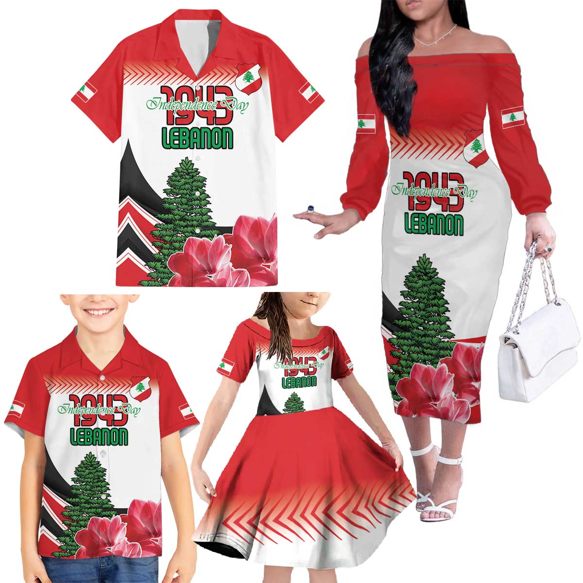 Custom Lebanon Independence Day Family Matching Off The Shoulder Long Sleeve Dress and Hawaiian Shirt Cyclamen Flowers Blooming - Wonder Print Shop