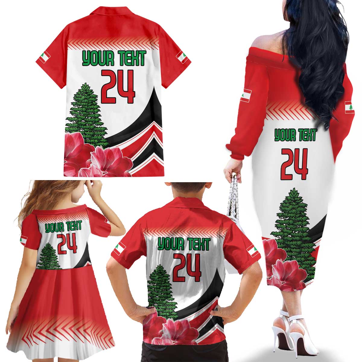 Custom Lebanon Independence Day Family Matching Off The Shoulder Long Sleeve Dress and Hawaiian Shirt Cyclamen Flowers Blooming - Wonder Print Shop