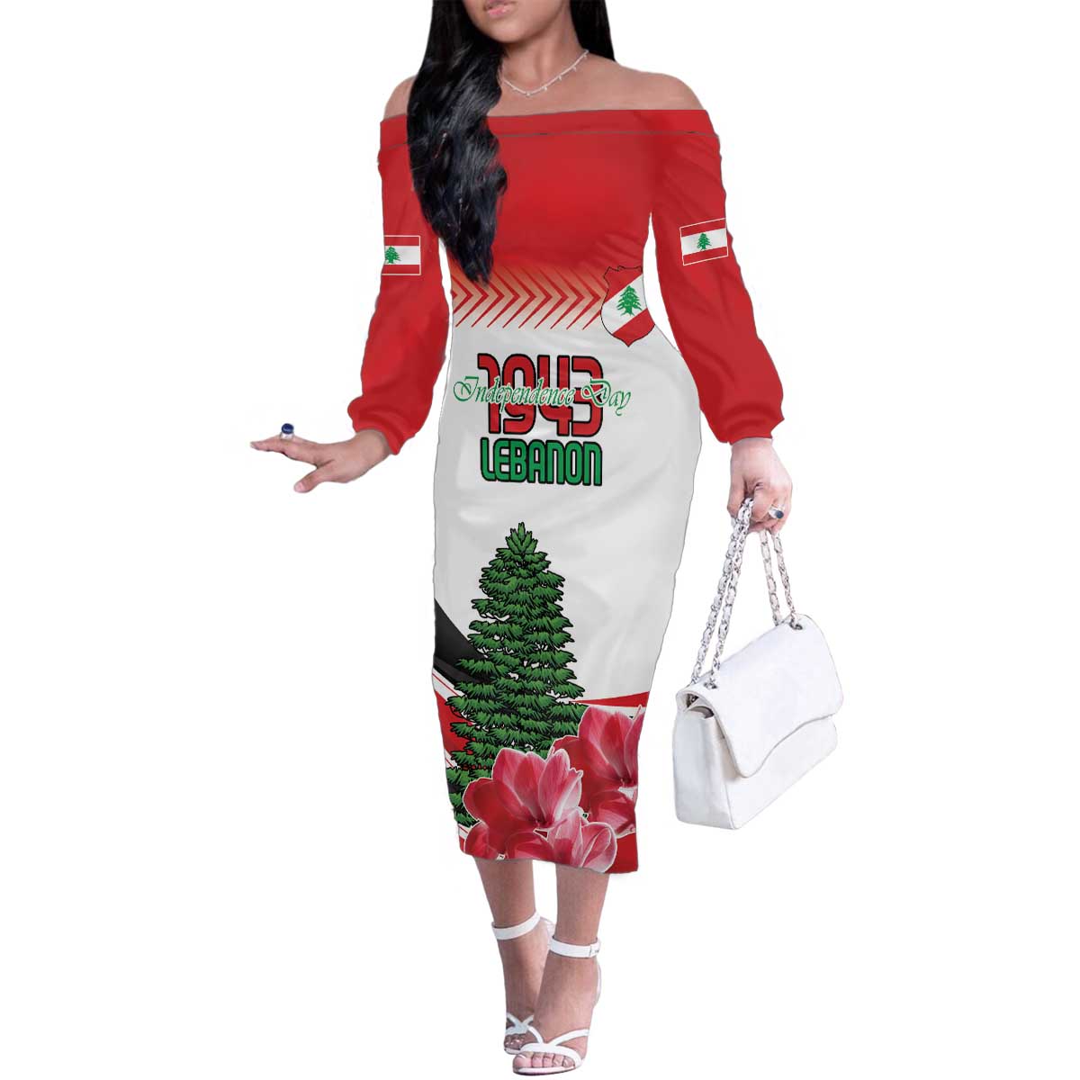 Custom Lebanon Independence Day Family Matching Off The Shoulder Long Sleeve Dress and Hawaiian Shirt Cyclamen Flowers Blooming - Wonder Print Shop