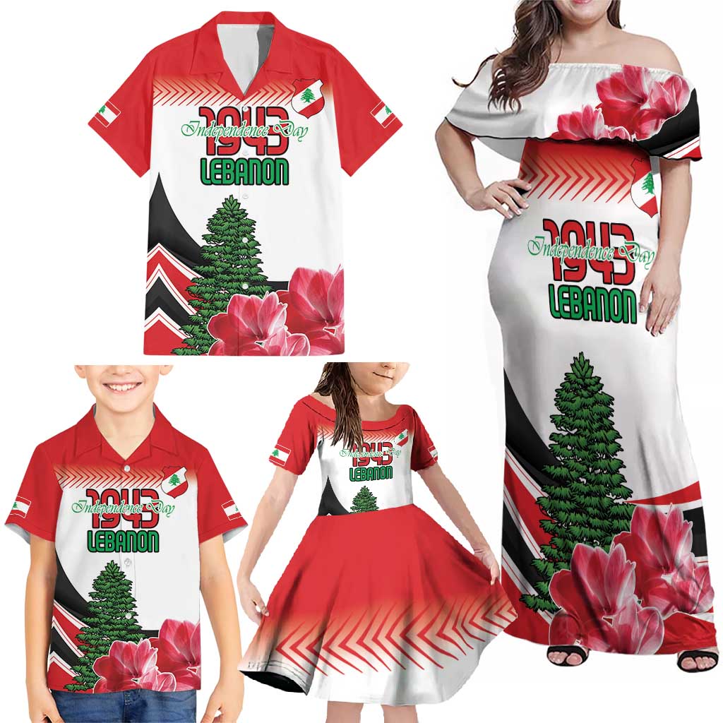 Custom Lebanon Independence Day Family Matching Off Shoulder Maxi Dress and Hawaiian Shirt Cyclamen Flowers Blooming - Wonder Print Shop