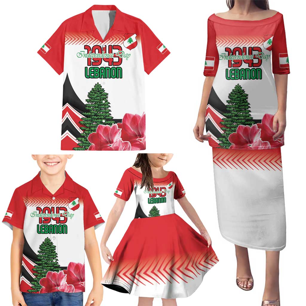 Custom Lebanon Independence Day Family Matching Puletasi and Hawaiian Shirt Cyclamen Flowers Blooming - Wonder Print Shop