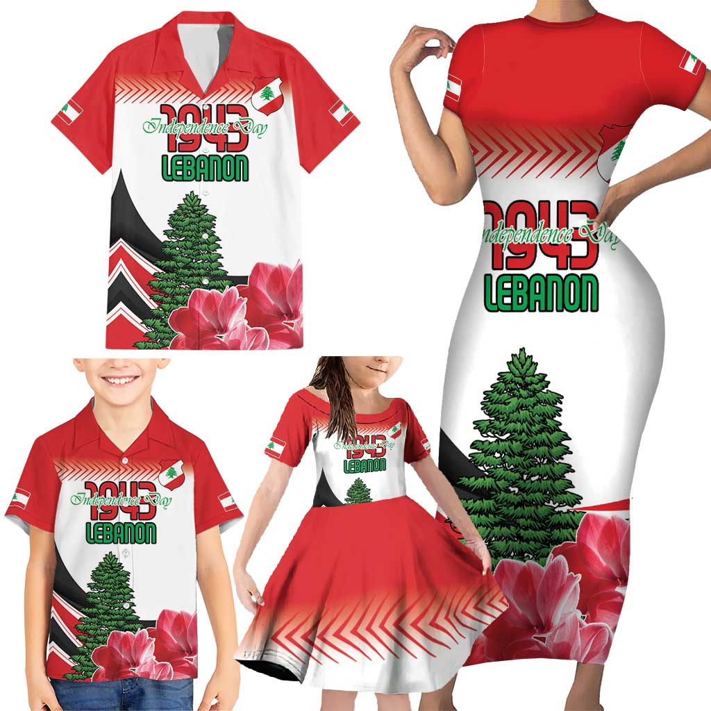 Custom Lebanon Independence Day Family Matching Short Sleeve Bodycon Dress and Hawaiian Shirt Cyclamen Flowers Blooming - Wonder Print Shop
