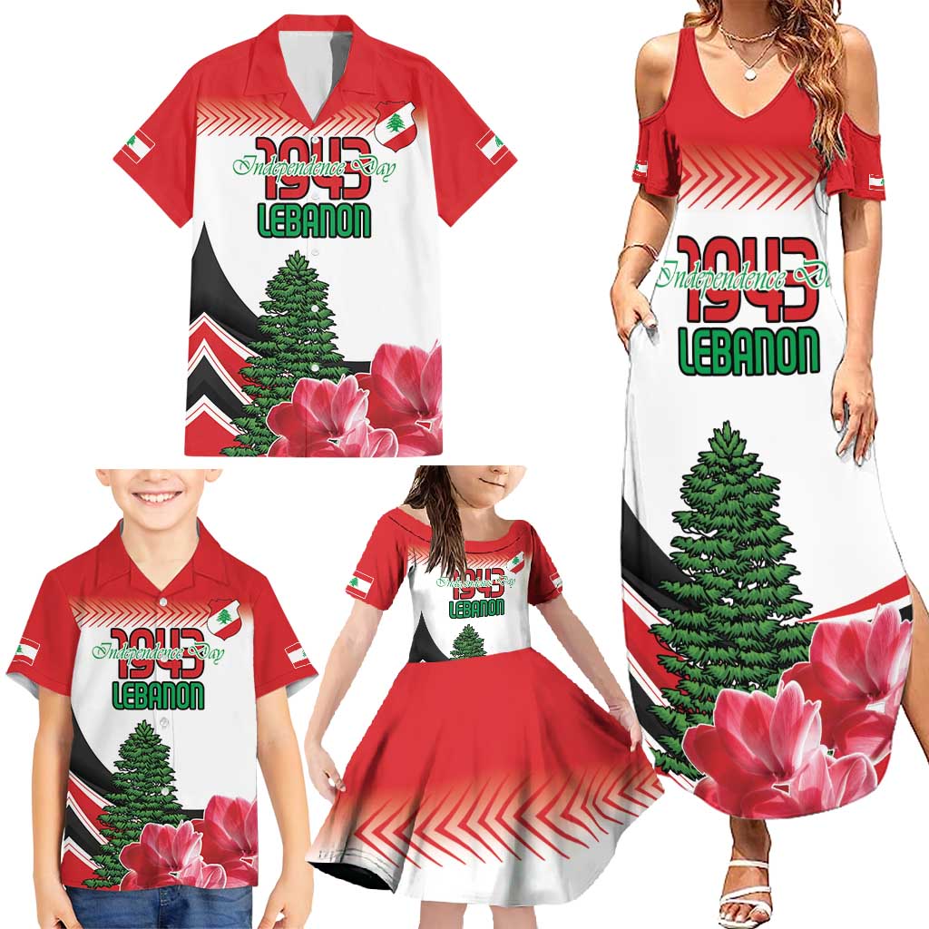 Custom Lebanon Independence Day Family Matching Summer Maxi Dress and Hawaiian Shirt Cyclamen Flowers Blooming - Wonder Print Shop