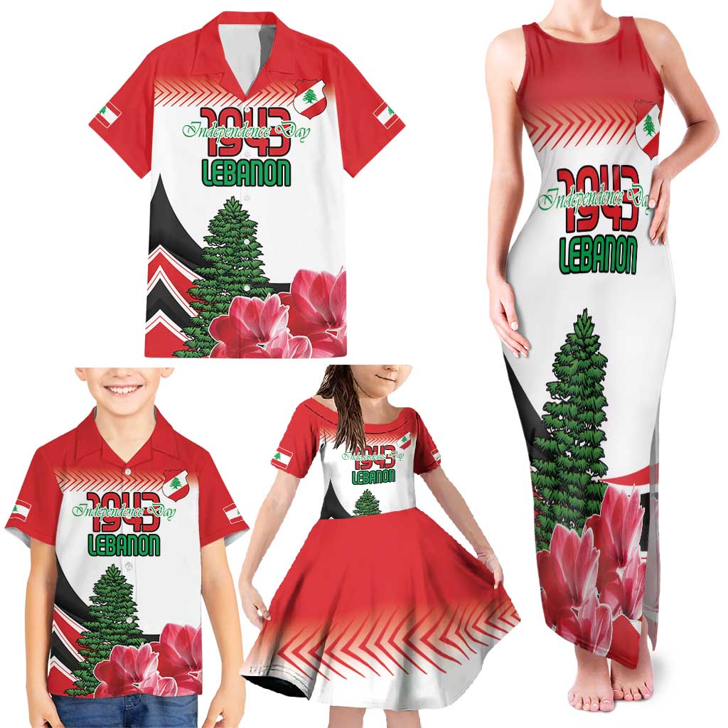 Custom Lebanon Independence Day Family Matching Tank Maxi Dress and Hawaiian Shirt Cyclamen Flowers Blooming - Wonder Print Shop
