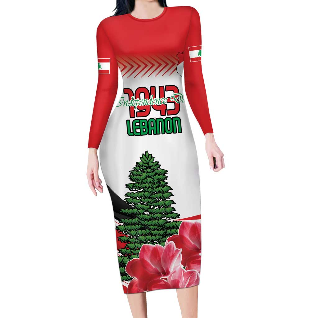 Custom Lebanon Independence Day Long Sleeve Bodycon Dress Cyclamen Flowers Blooming - Wonder Print Shop