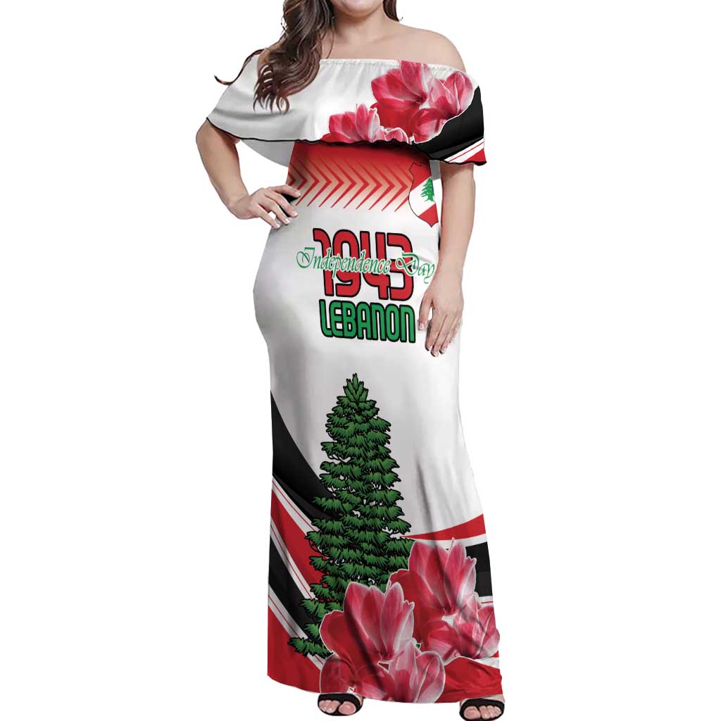 Custom Lebanon Independence Day Off Shoulder Maxi Dress Cyclamen Flowers Blooming - Wonder Print Shop