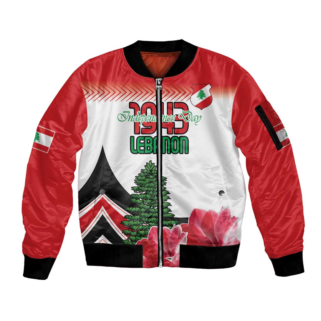 Custom Lebanon Independence Day Sleeve Zip Bomber Jacket Cyclamen Flowers Blooming - Wonder Print Shop