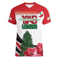 Custom Lebanon Independence Day Women V-Neck T-Shirt Cyclamen Flowers Blooming - Wonder Print Shop
