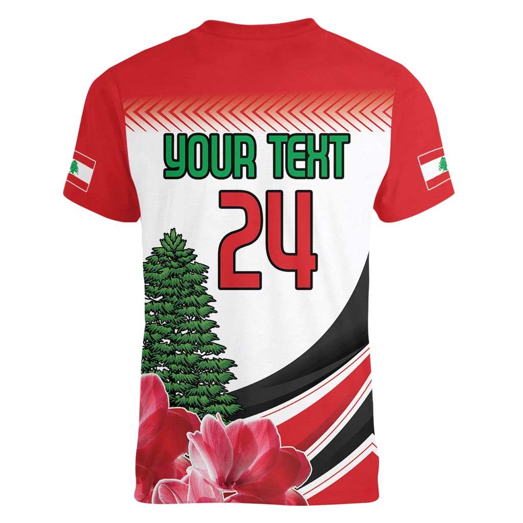 Custom Lebanon Independence Day Women V-Neck T-Shirt Cyclamen Flowers Blooming - Wonder Print Shop