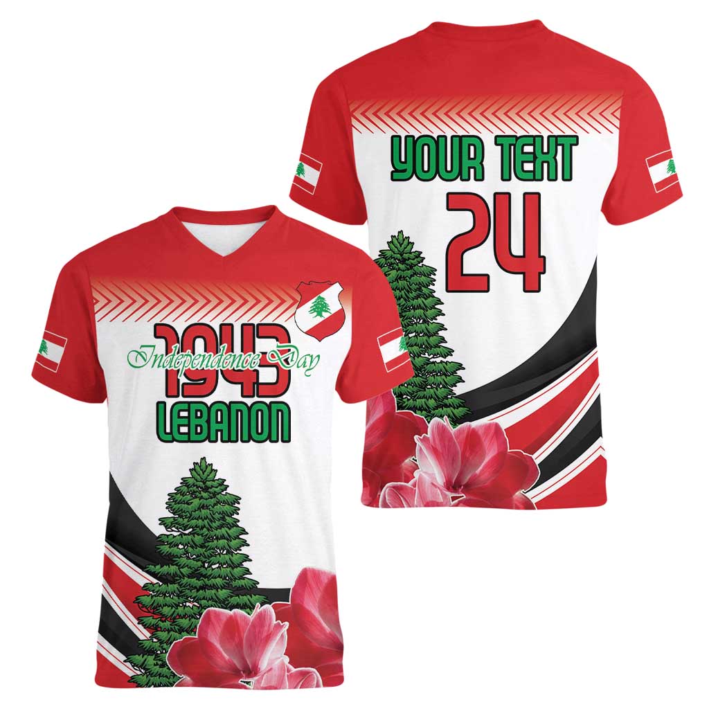 Custom Lebanon Independence Day Women V-Neck T-Shirt Cyclamen Flowers Blooming - Wonder Print Shop