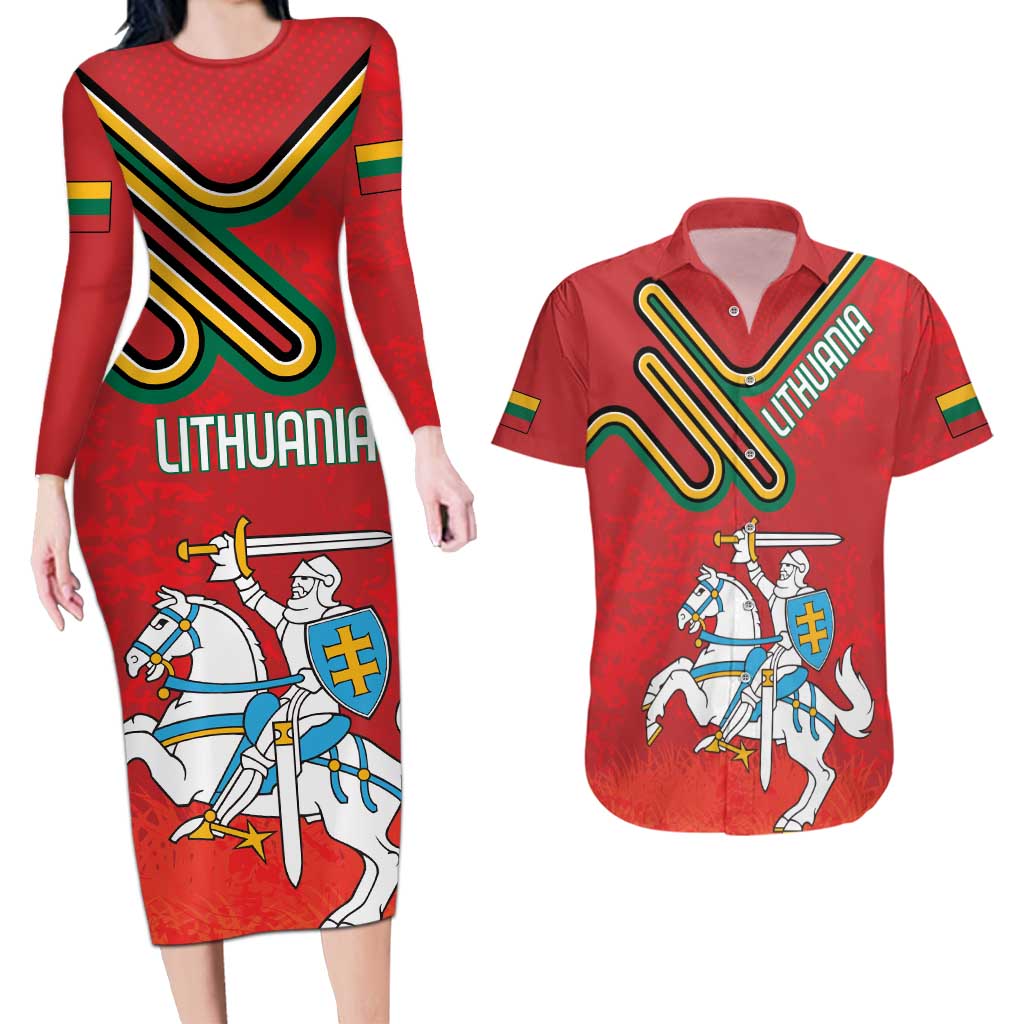 Personalized Lithuania Coat Of Arms Couples Matching Long Sleeve Bodycon Dress and Hawaiian Shirt Special Version - Wonder Print Shop
