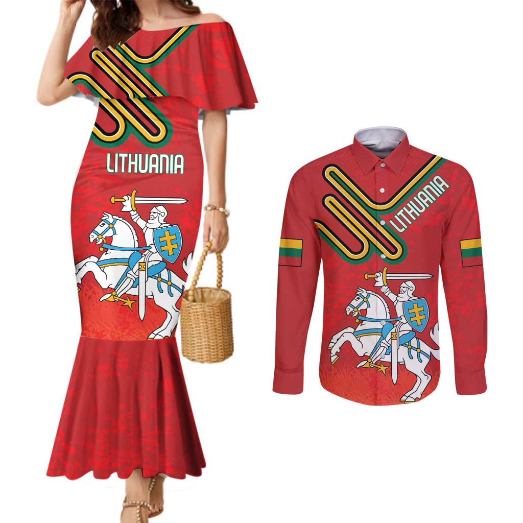 Personalized Lithuania Coat Of Arms Couples Matching Mermaid Dress and Long Sleeve Button Shirt Special Version