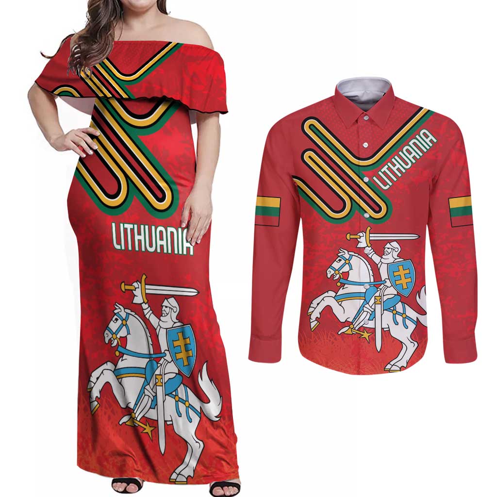 Personalized Lithuania Coat Of Arms Couples Matching Off Shoulder Maxi Dress and Long Sleeve Button Shirt Special Version - Wonder Print Shop