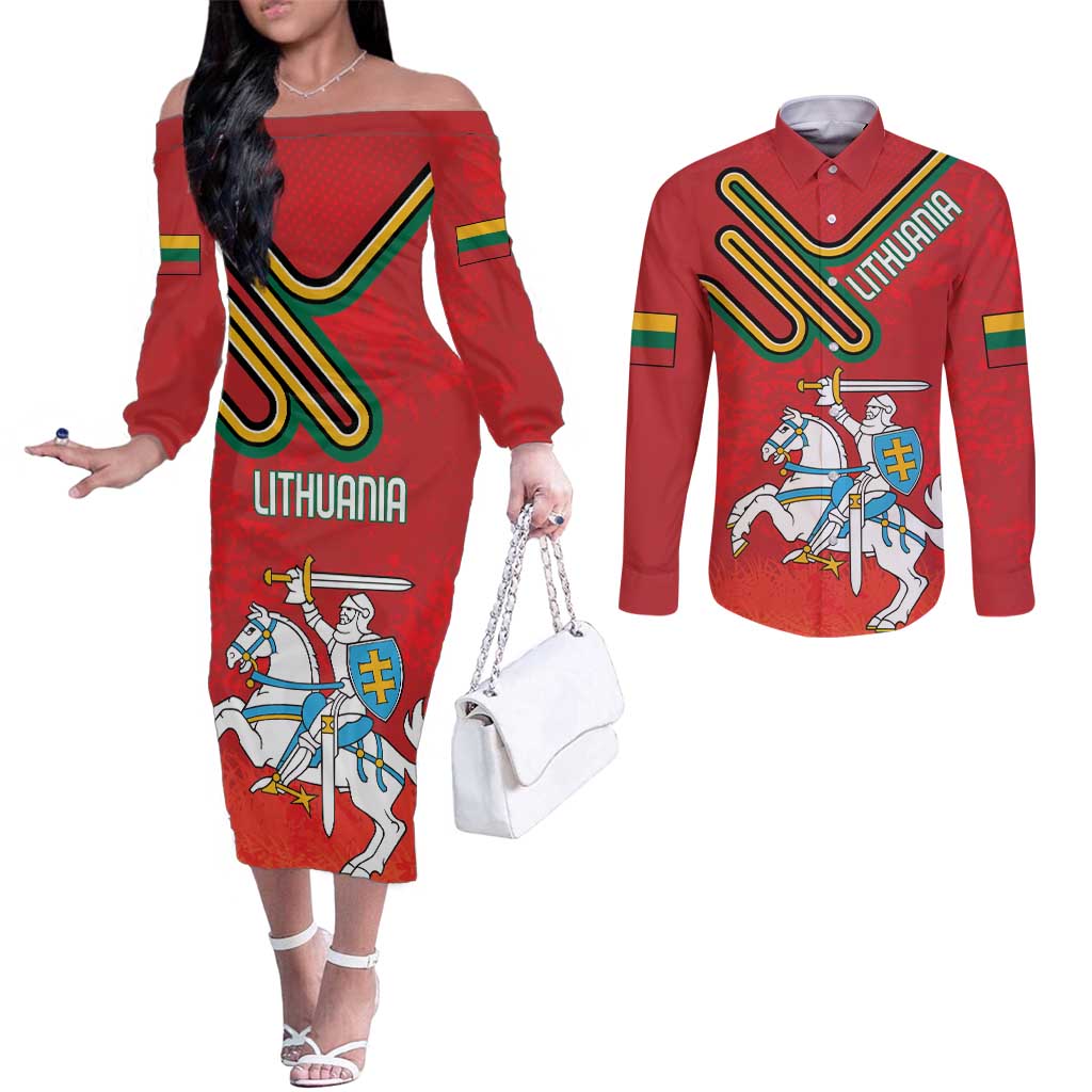 Personalized Lithuania Coat Of Arms Couples Matching Off The Shoulder Long Sleeve Dress and Long Sleeve Button Shirt Special Version