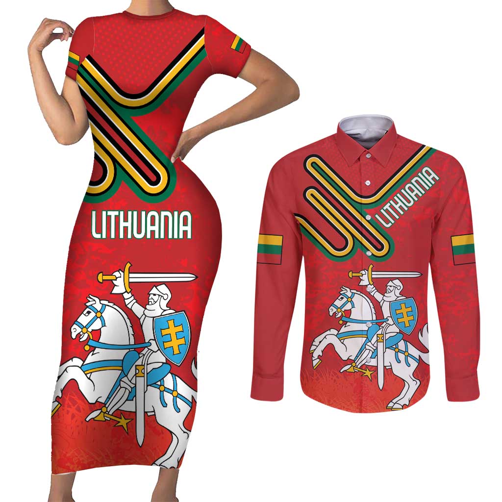 Personalized Lithuania Coat Of Arms Couples Matching Short Sleeve Bodycon Dress and Long Sleeve Button Shirt Special Version - Wonder Print Shop