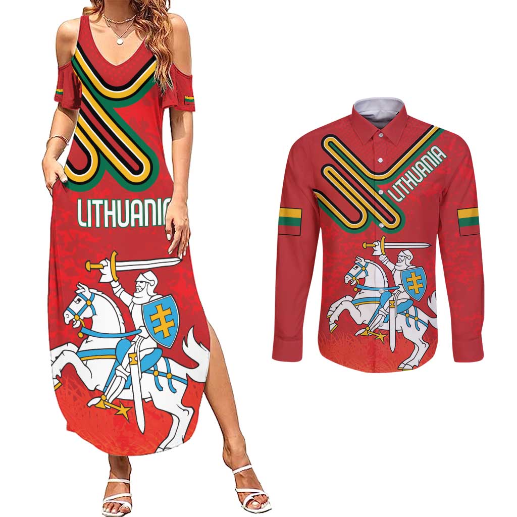 Personalized Lithuania Coat Of Arms Couples Matching Summer Maxi Dress and Long Sleeve Button Shirt Special Version - Wonder Print Shop