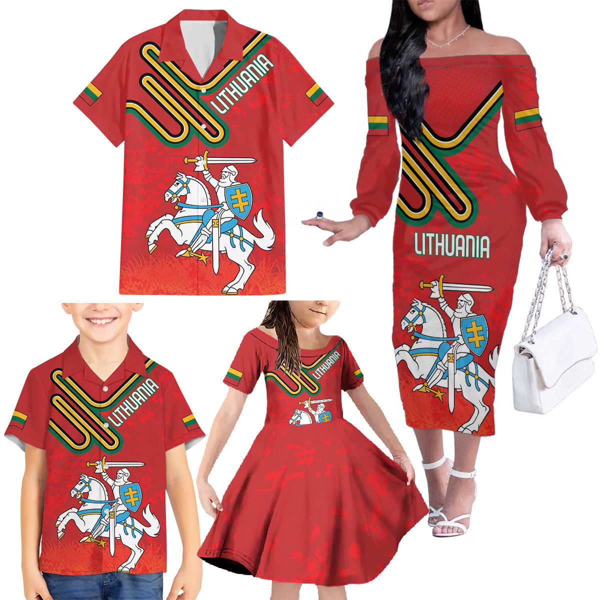 Personalized Lithuania Coat Of Arms Family Matching Off The Shoulder Long Sleeve Dress and Hawaiian Shirt Special Version - Wonder Print Shop